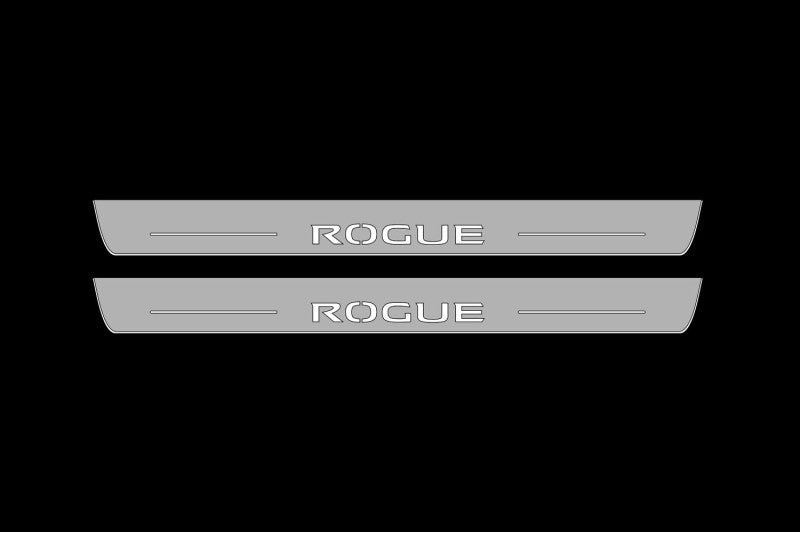 Illuminated LED Door Sill Tread Plates Nissan Rogue III 2021+ With Rogue Logo Nissan Led Door Sills opdesign