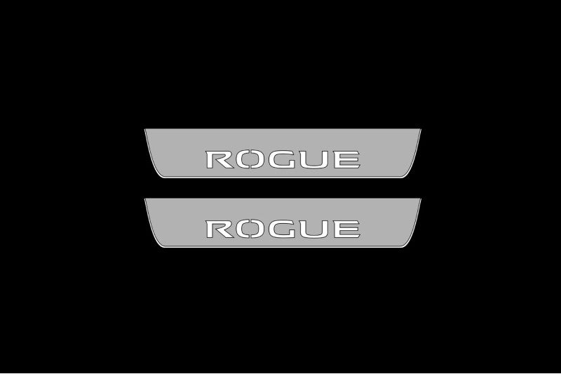Illuminated LED Door Sill Tread Plates Nissan Rogue III 2021+ With Rogue Logo Nissan Led Door Sills opdesign
