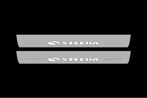 Illuminated LED Door Sill Tread Plates Ford Mustang VI 2015-2023 With Steeda Logo Ford Led Door Sills opdesign