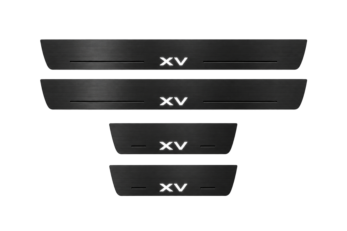 Catalogue illustration of two long black Matte PRO front sill plates and two shorter rear plates with XV lettering illuminated on the top. Side edges unlit; vehicle-specific dimensions are not depicted. FRONT option includes front plates only.