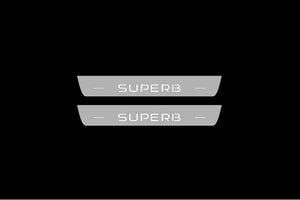 Illuminated LED Door Sill Tread Plates Skoda SuperB III 2015-2023 With SuperB Logo Skoda Led Door Sills opdesign