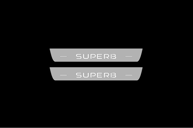 Illuminated LED Door Sill Tread Plates Skoda SuperB III 2015-2023 With SuperB Logo Skoda Led Door Sills opdesign