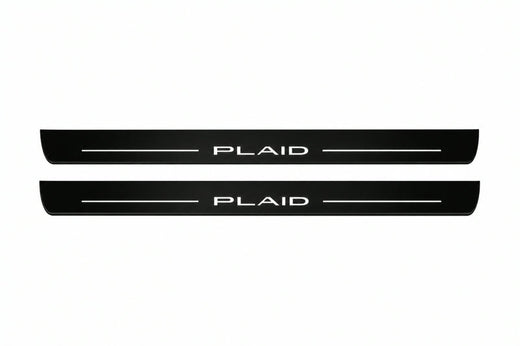 Tesla Model S 2012–2026 — Matte PRO LED Door Sills — PLAID Logo