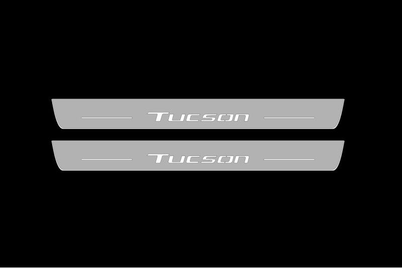 Illuminated LED Door Sill Tread Plates Hyundai Tucson IV With Tucson Logo Hyundai Led Door Sills opdesign