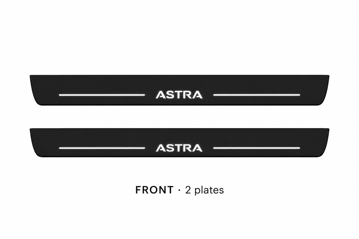 Vauxhall Astra V Matte PRO catalogue illustration: two black FRONT plates with illuminated ASTRA lettering on white