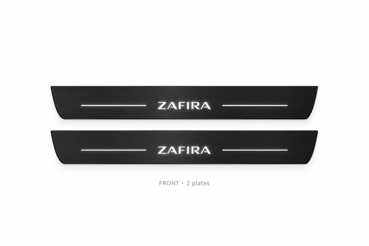Vauxhall Zafira Tourer Matte PRO catalogue illustration: two flat black FRONT plates with illuminated ZAFIRA lettering on white