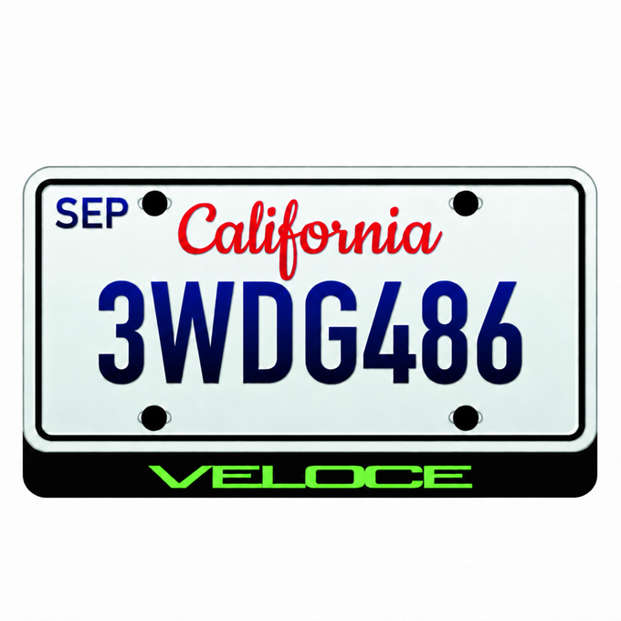 VELOCE illuminated LED license plate badge below a California-style 12 by 6 inch example plate; plate not included
