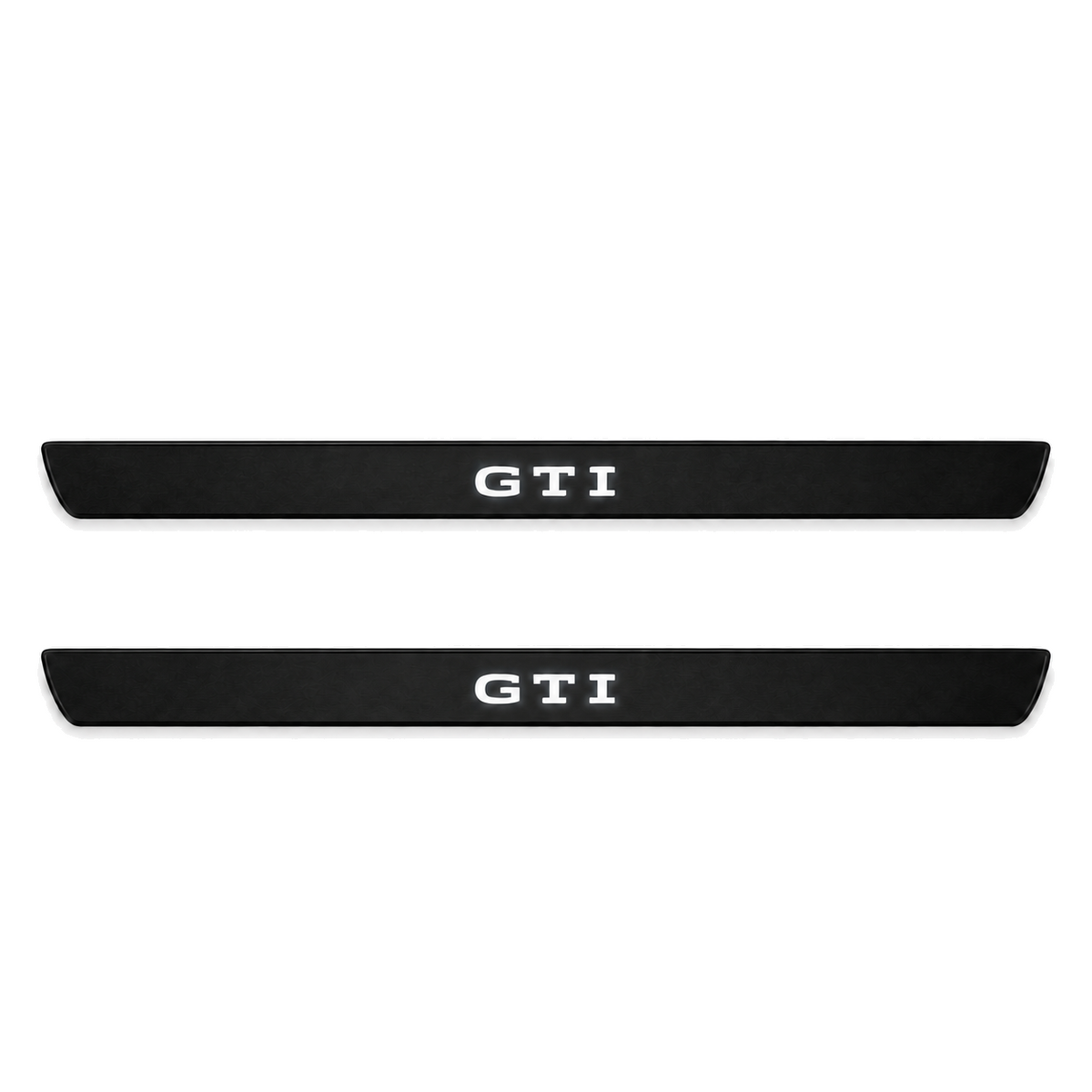 Catalogue illustration of two black Matte PRO front door sill plates with white GTI lettering illuminated only on top. Edges are unlit; rear plates for FRONT+REAR are not pictured. Final dimensions are selected for Golf Mk8 GTI during manufacture.