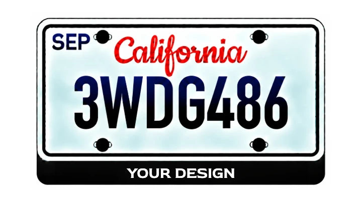 Black LED license plate badge with illuminated YOUR DESIGN lettering and visible mounting points on a white background