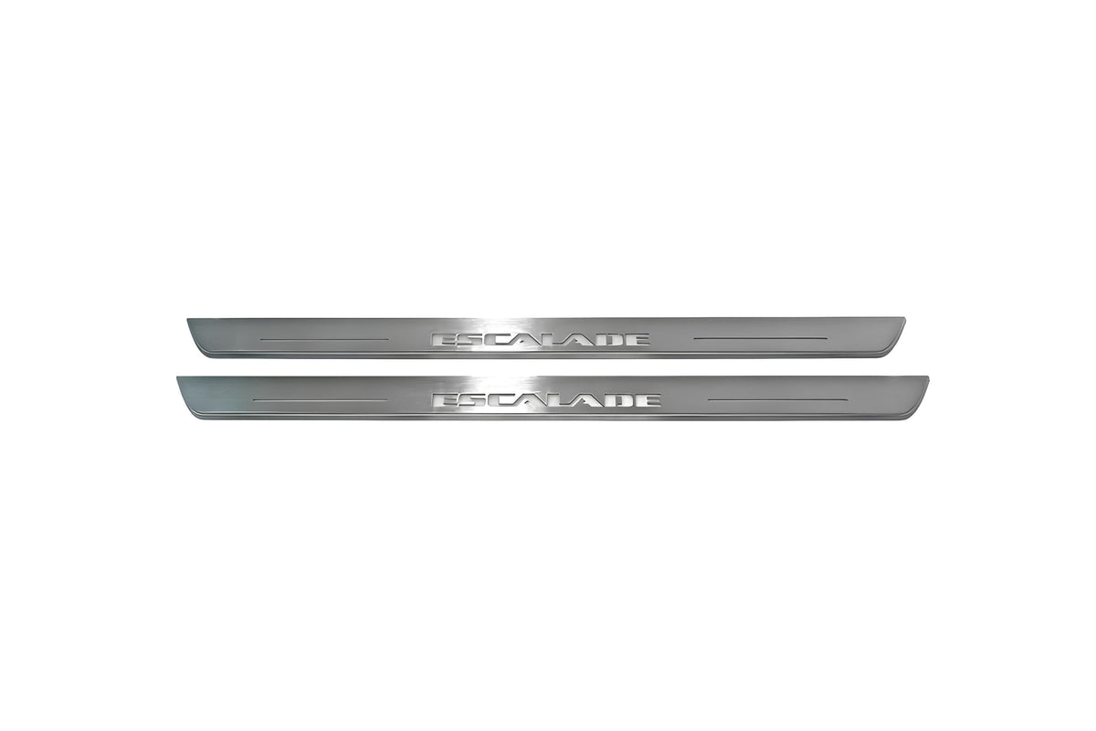 Cadillac Escalade 2014–2020 — Stainless Steel LED Door Sills — Escalade Logo, a current SUV entry-lighting example