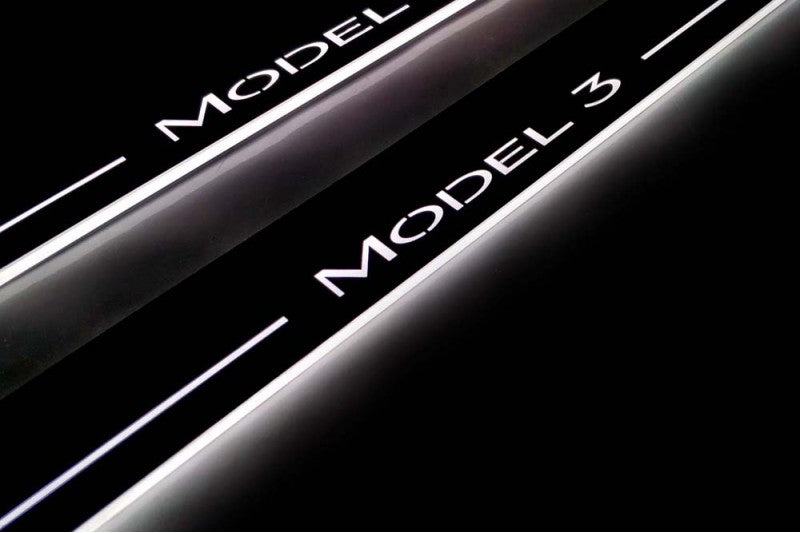 Tesla LED door sill plates illuminated threshold