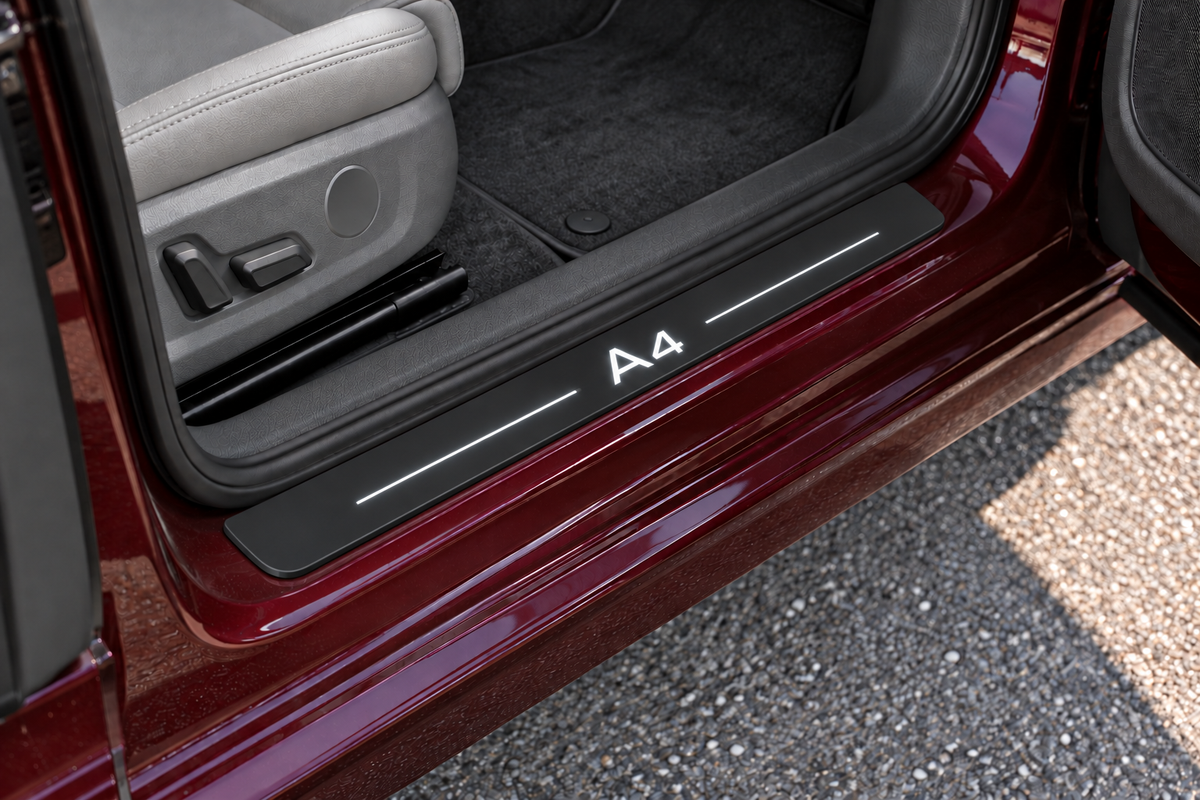 A4 Matte PRO sill on exposed burgundy metal directly against the rubber seal; white lettering and two light bars, unlit edge — product visualization