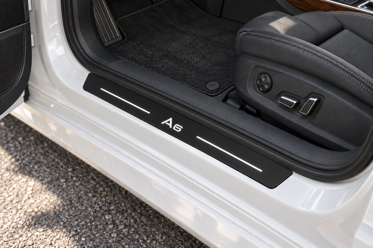 A6 Matte PRO sill on exposed white painted metal directly against the rubber seal; white lettering and two light bars, unlit edge — product visualization