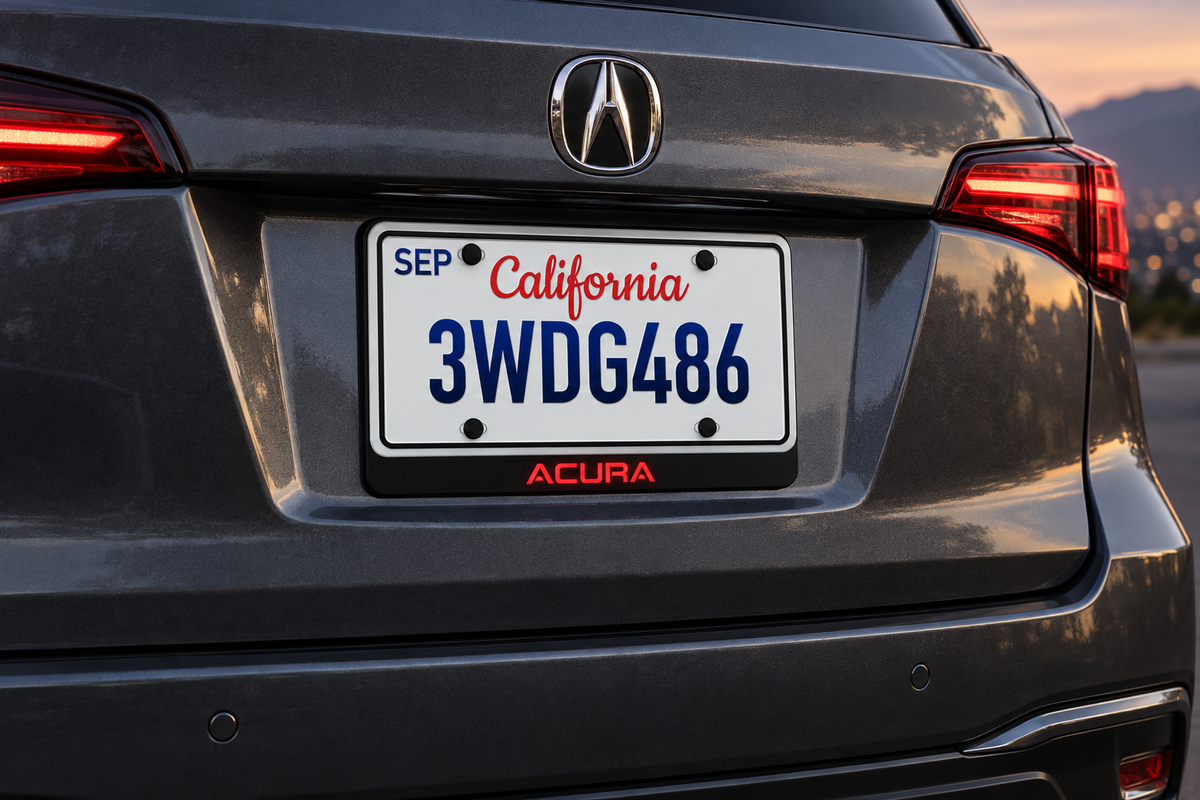 Product visualization: black LED badge below an illustrative 12 by 6 inch plate, with red ACURA lettering.