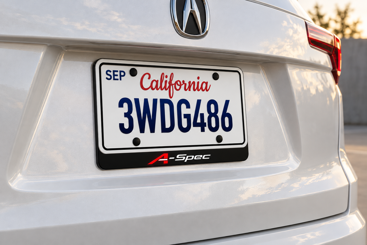Product visualization of A-Spec badge artwork below an illustrative plate on a white Acura.