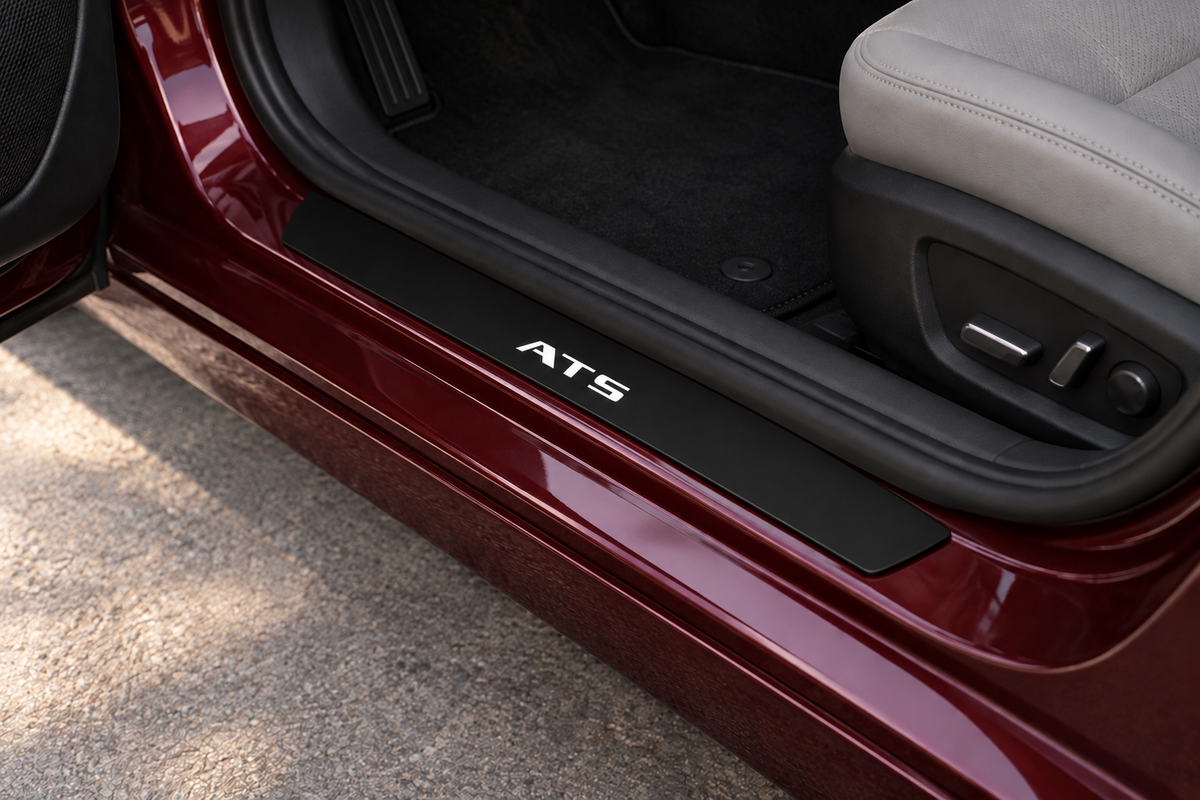 ATS Matte PRO sill on exposed burgundy metal directly against the rubber seal; white ATS lettering, unlit edge — product visualization