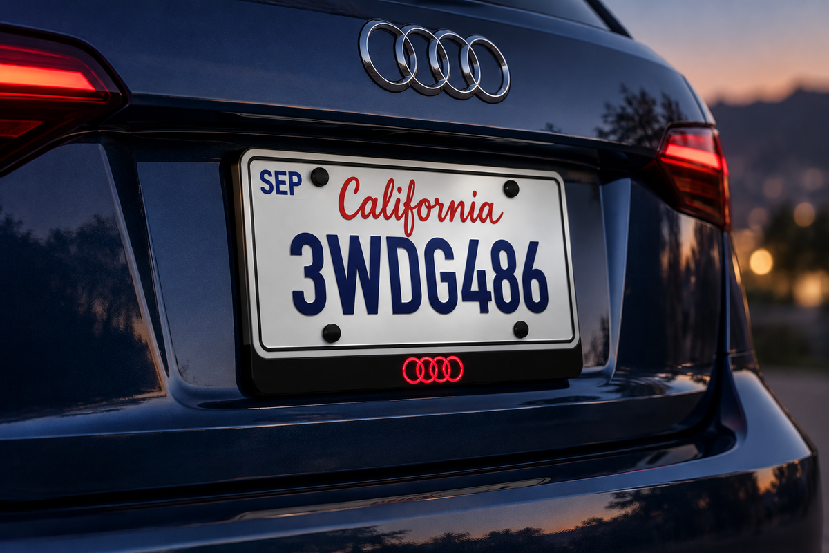 Illustrative Audi rear with a compact four-ring LED badge design below the example plate.