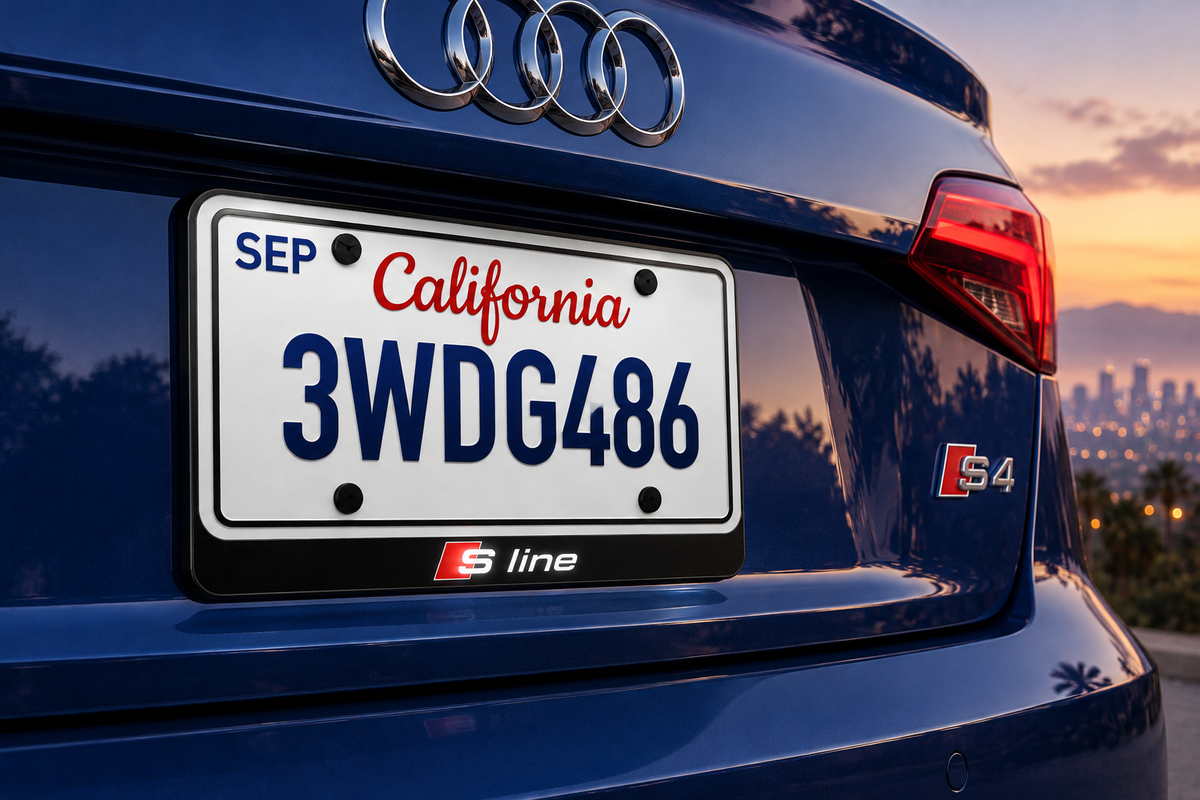 Product visualization of S line badge artwork below an illustrative plate on a blue Audi; steady artwork study, not a Flow animation.