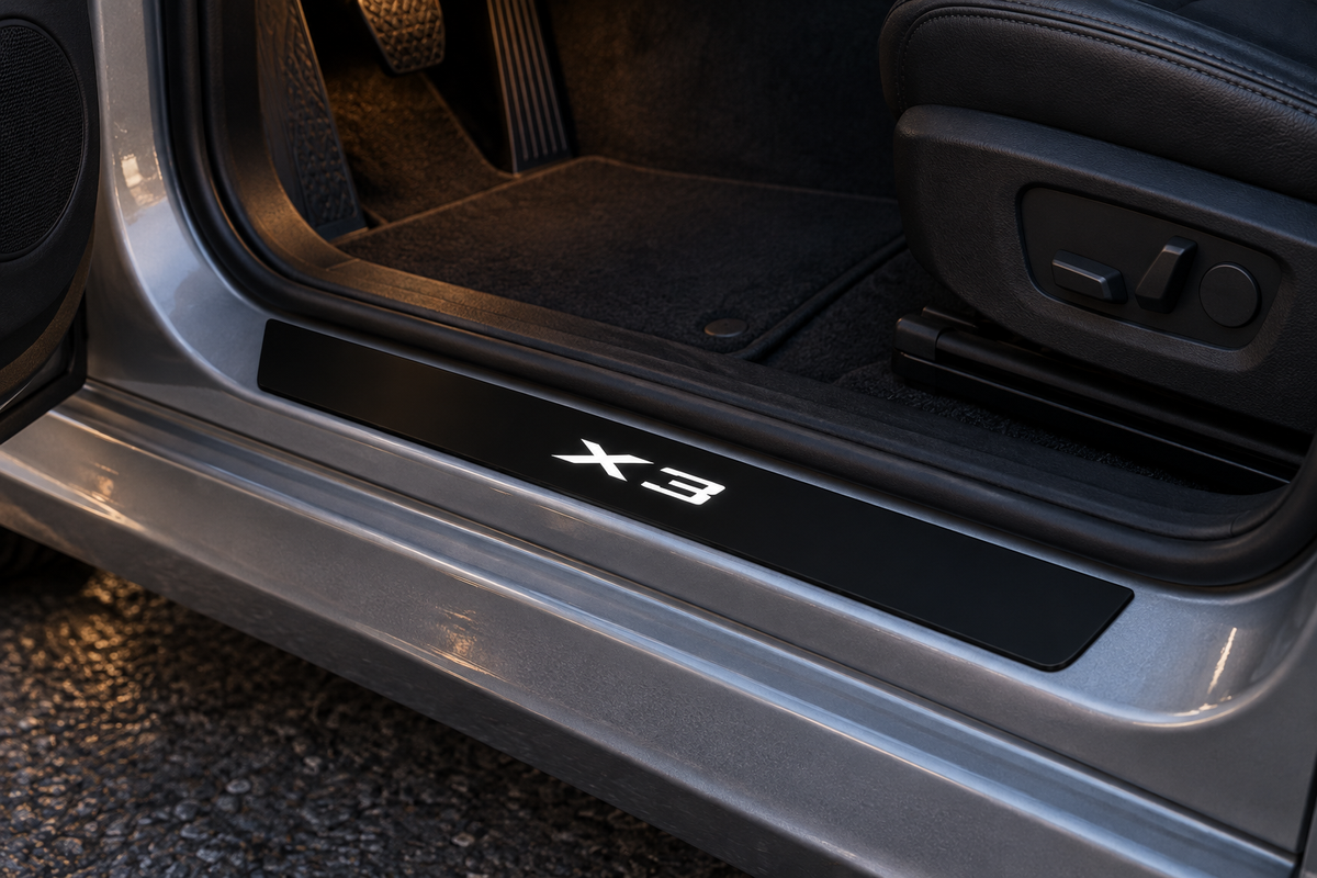 Product visualization of a black BMW X3 Matte PRO sill in an open doorway, X3 lettering illuminated white; not a customer installation.