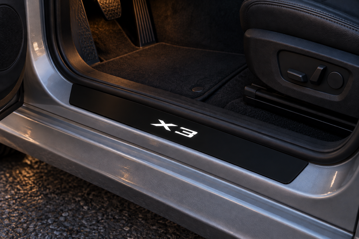 BMW X3 Matte PRO sill on exposed grey metal directly against rubber seal; X3 lettering illuminated in white, edges dark — product visualization