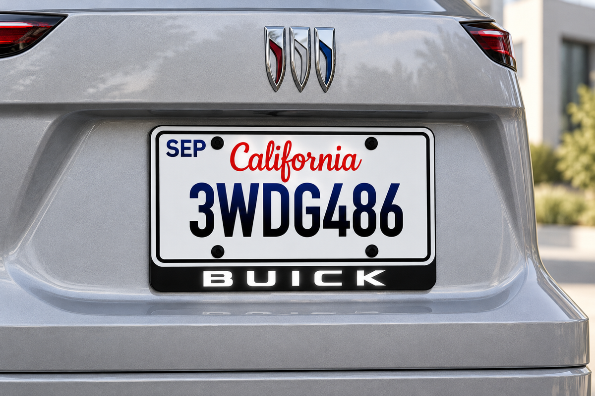 Illustrative Buick rear with a wide white BUICK wordmark in the lower LED badge strip.