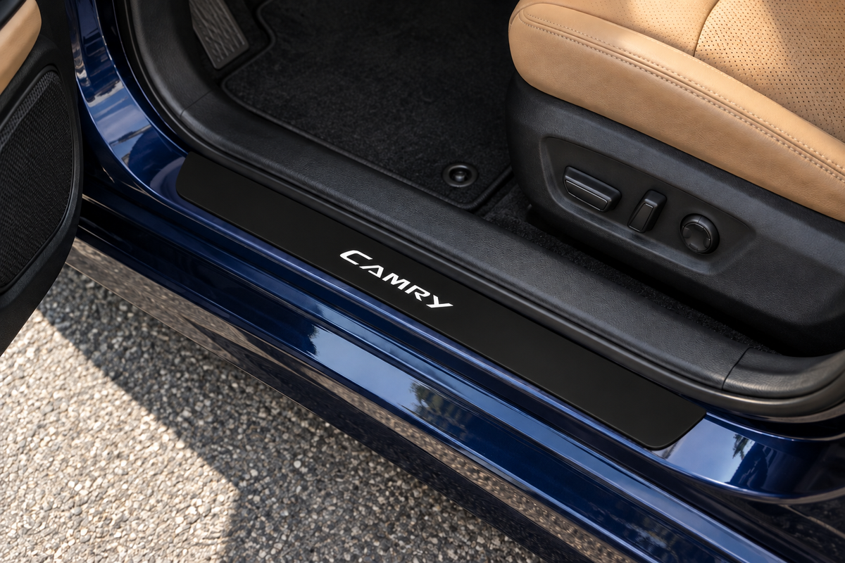 CAMRY Matte PRO sill on navy painted metal directly against rubber seal; white Camry lettering, edges unlit — product visualization