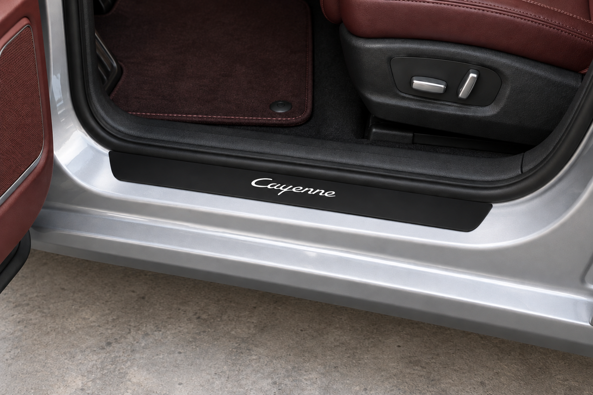 Cayenne 92A Matte PRO sill on silver metal directly against rubber seal; white cursive Cayenne lettering, edges unlit — product visualization