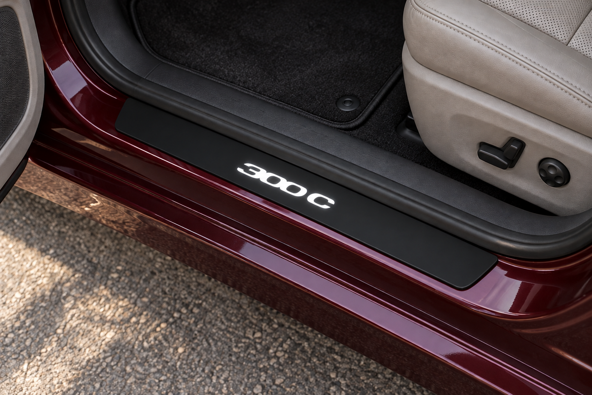 300C Matte PRO sill on burgundy metal directly against rubber seal; white 300C lettering and unlit edges — product visualization