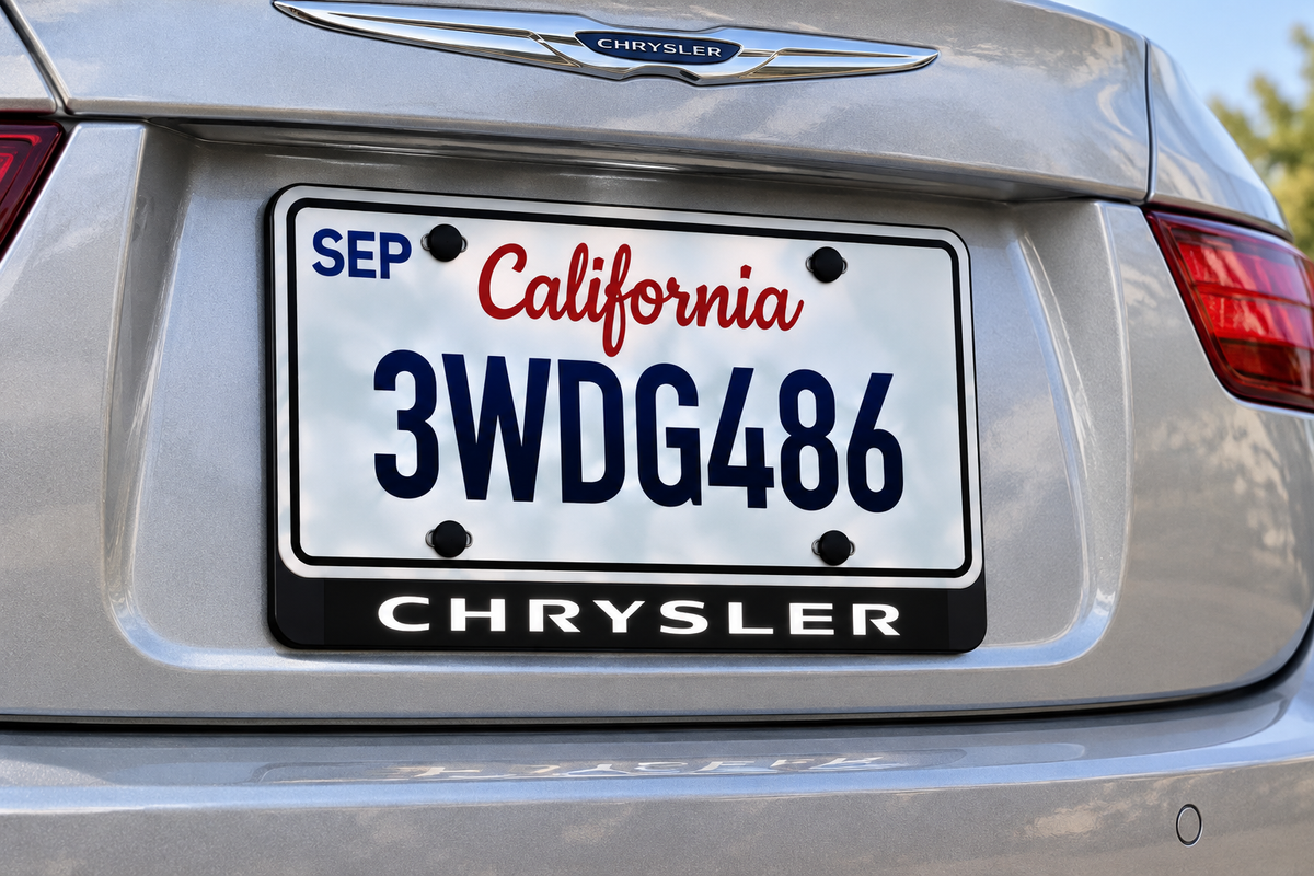 Product visualization of white CHRYSLER badge lettering below an illustrative plate on a silver sedan; not a customer installation.