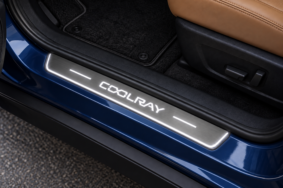 Geely Coolray Stainless sill visualization directly against the rubber seal on exposed blue painted metal, white COOLRAY artwork, two bars and edge illumination.