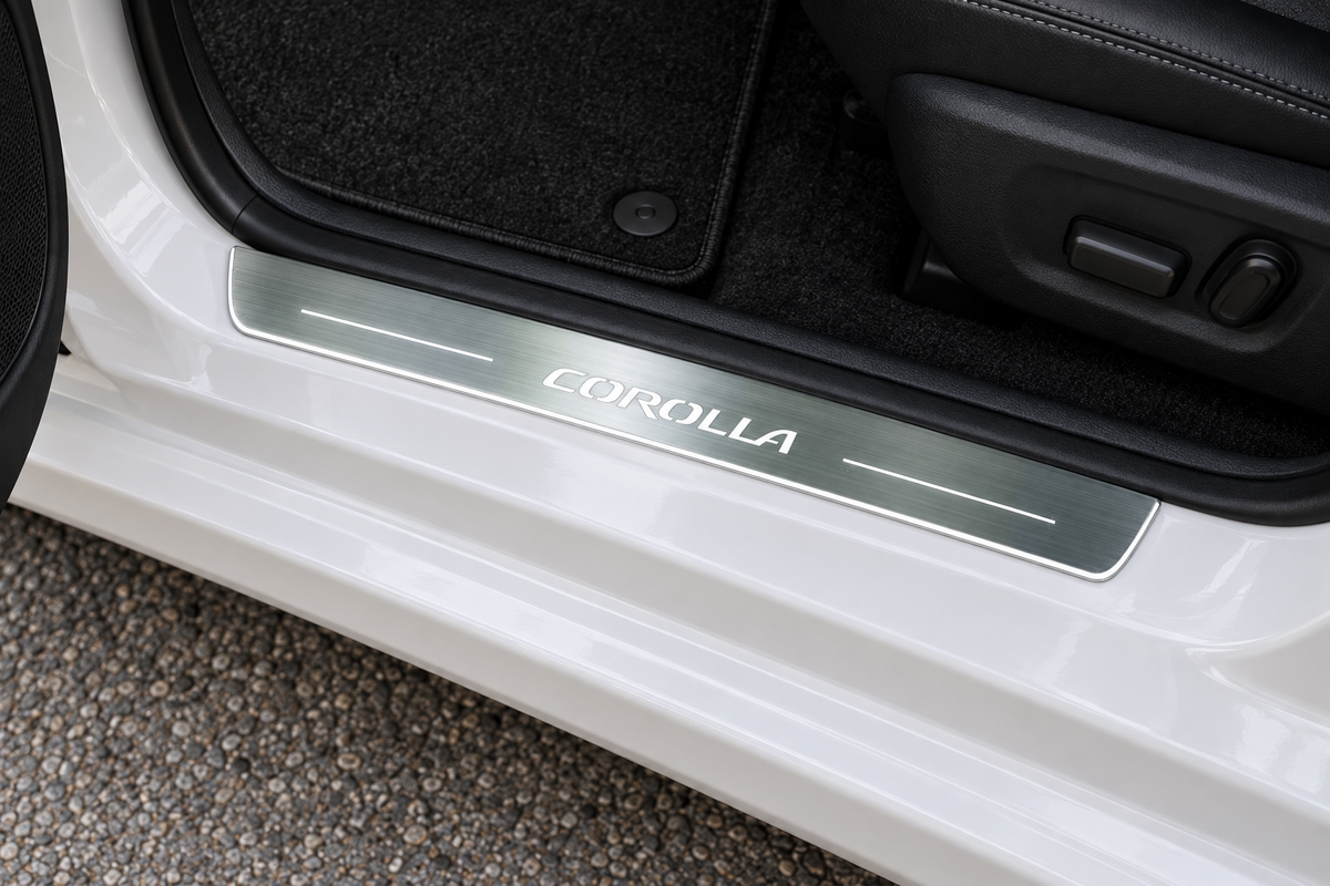 Corolla Stainless Steel LED door sill on an exposed metal threshold — product visualization