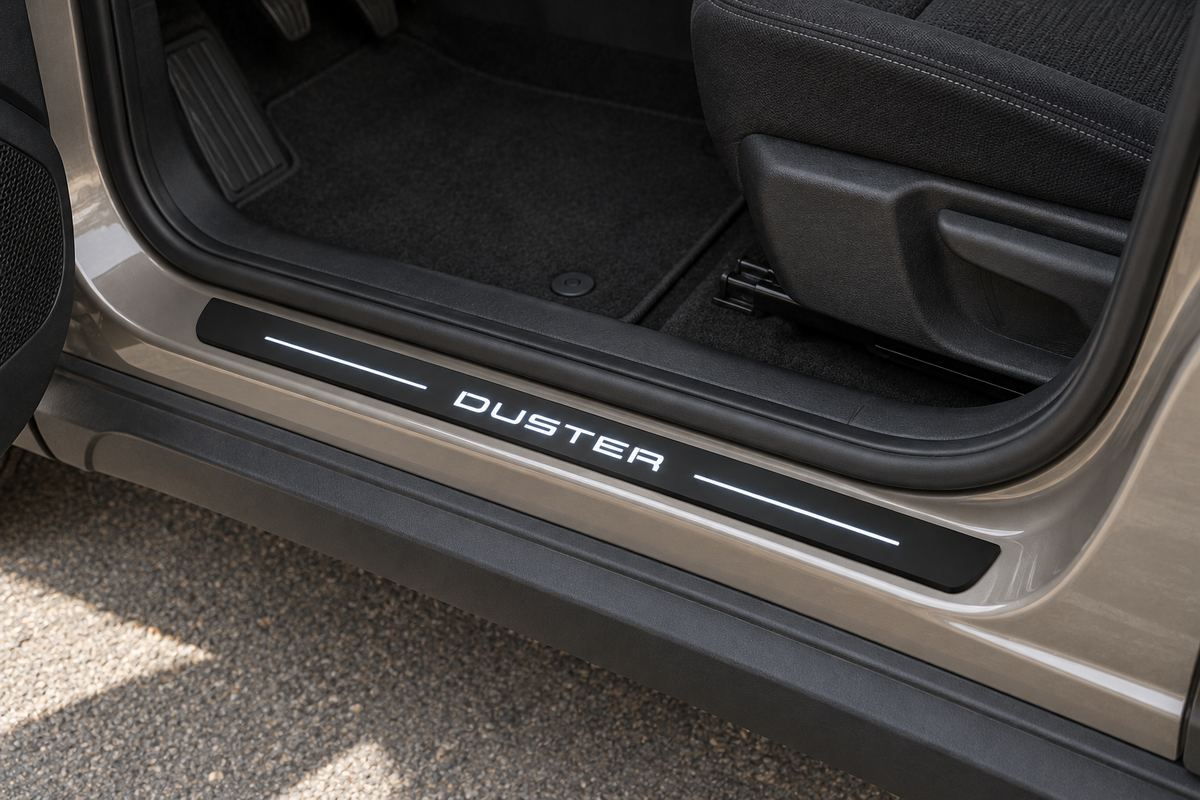 Dacia Duster HS Matte PRO product visualization with white DUSTER lettering and two top light lines on a black plate; its edge remains dark.