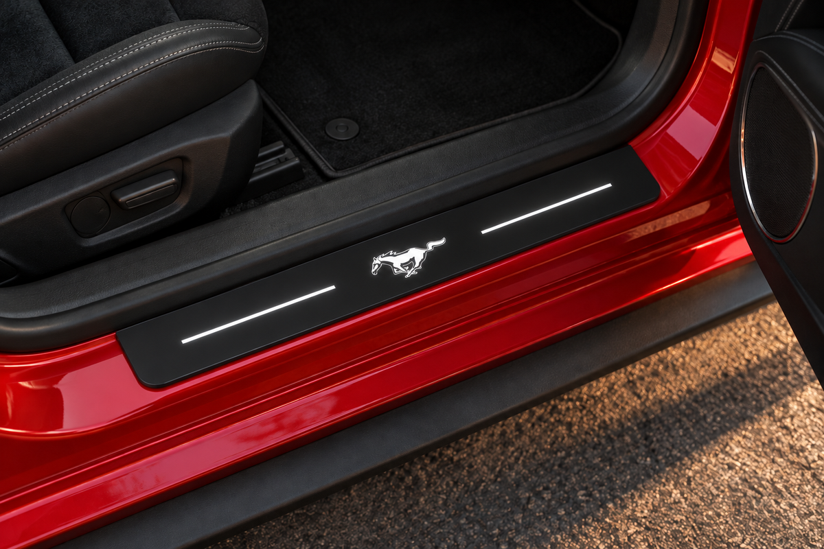 Ford Mustang Matte PRO sill visualization on exposed red metal directly against the rubber seal, with white Running Horse artwork and two light bars; dark edges.