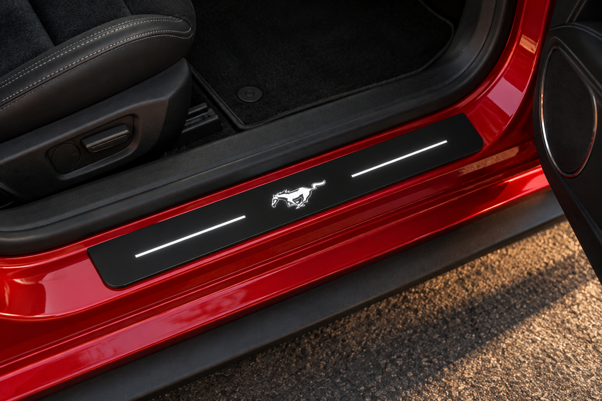 Product visualization of a black Ford Mustang Running Horse Matte PRO sill in a red doorway, with white horse artwork and two top-surface lines illuminated.