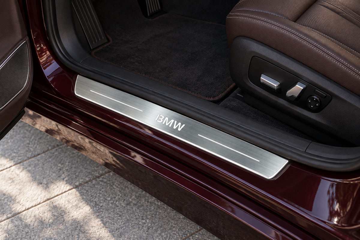Product visualization of a brushed grey BMW-lettering stainless sill with two white light bars on a burgundy luxury-sedan threshold, beside a brown seat.