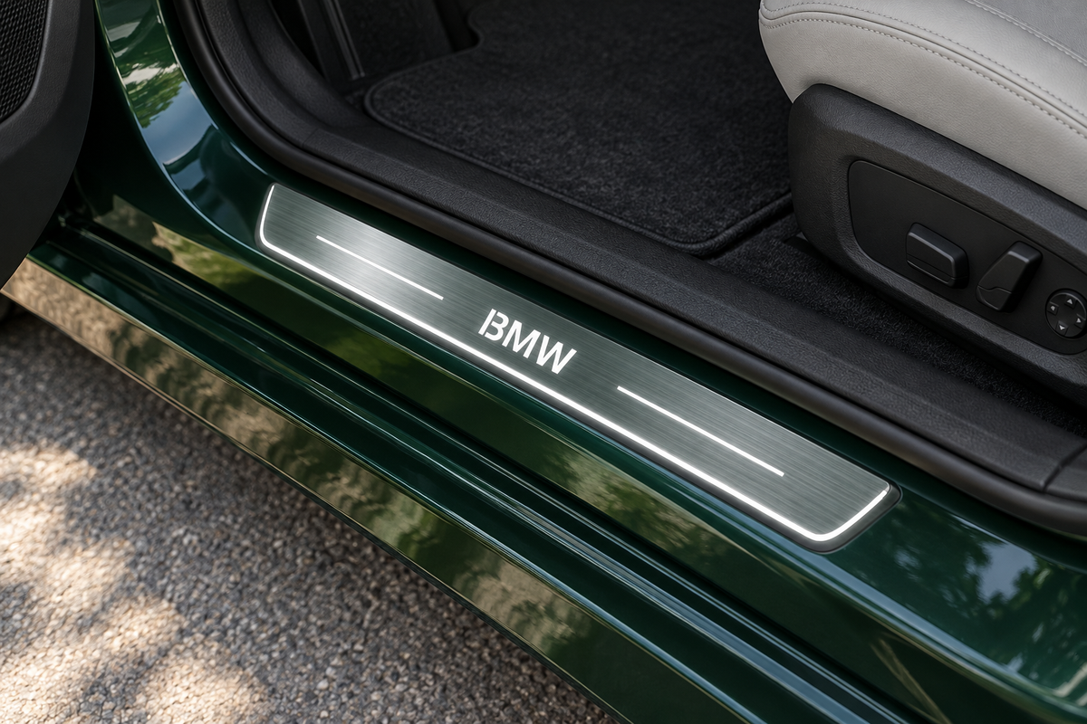 Product visualization of a grey brushed stainless BMW-lettering sill with two white light bars and a thin illuminated edge on a green sedan threshold.