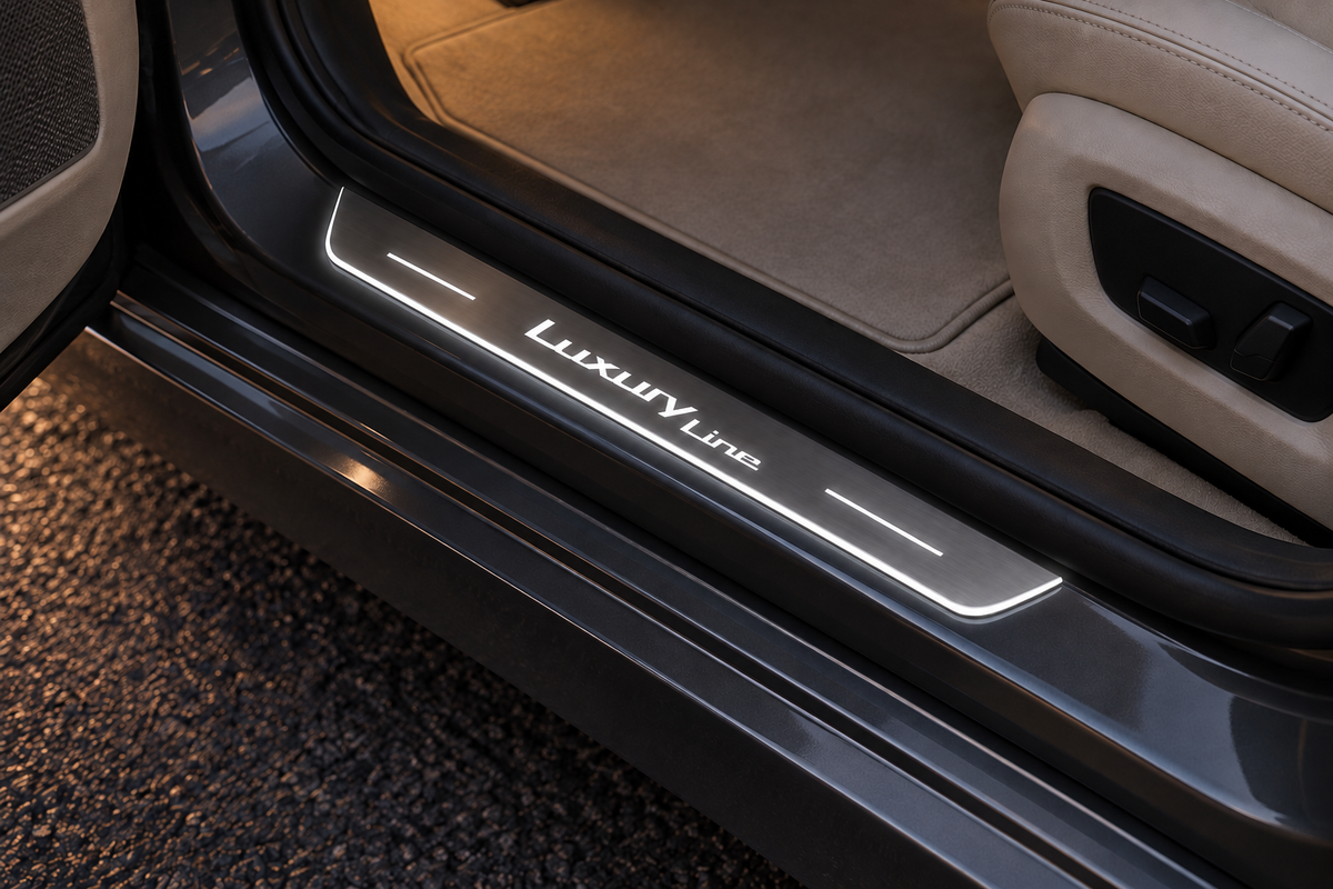 BMW G30 Luxury Line Stainless sill visualization directly against the rubber seal on exposed painted metal, with white artwork, two bars and thin edge illumination.
