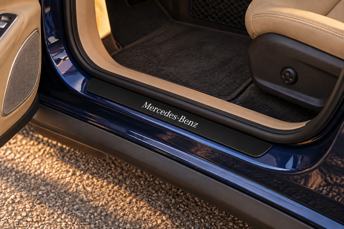 Mercedes-Benz GLC Matte PRO sill visualization directly against the rubber seal on exposed blue metal, serif lettering and dark edges.
