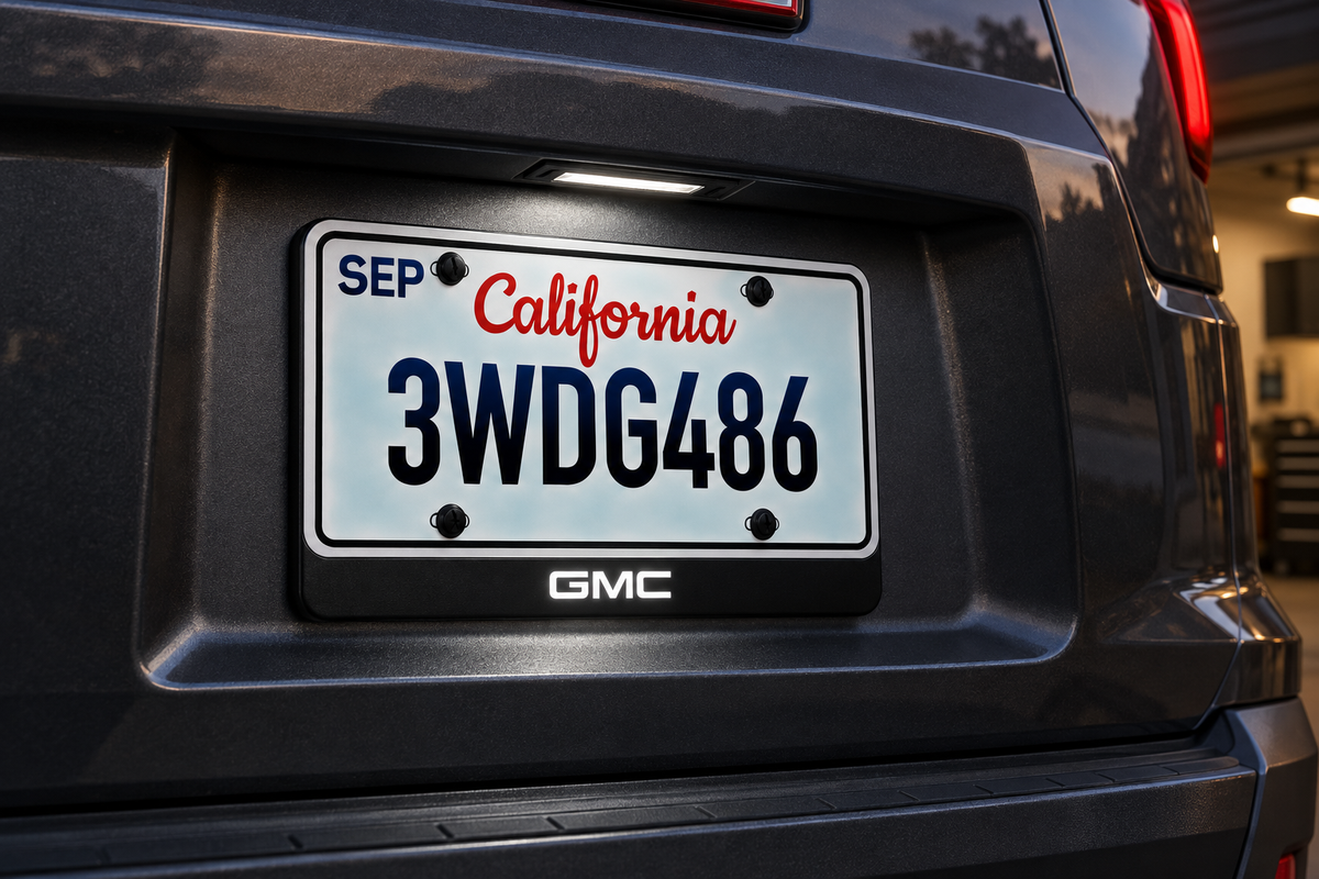 Product visualization of a GMC LED badge below an illustrative plate in a graphite SUV rear recess; white GMC lettering and a separate plate lamp.