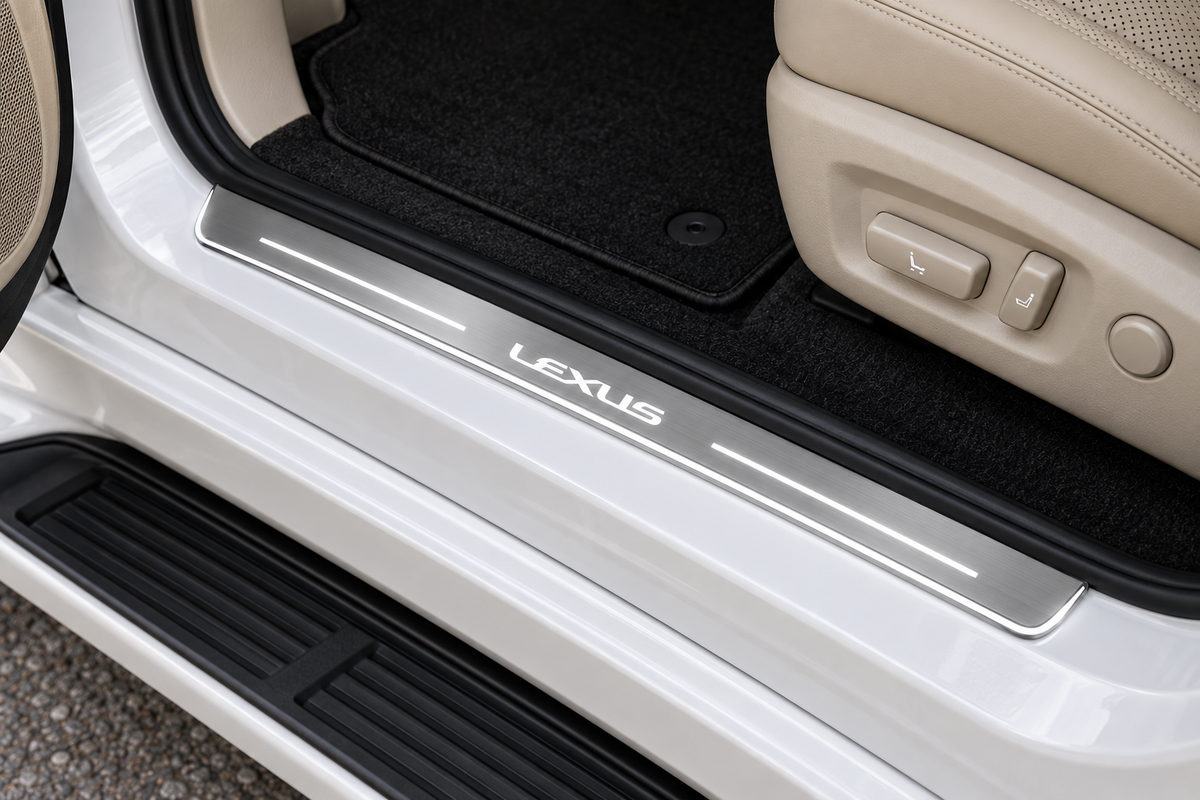 Lexus-logo Stainless sill on a metal GX460 doorway threshold, directly against the rubber seal — product visualization