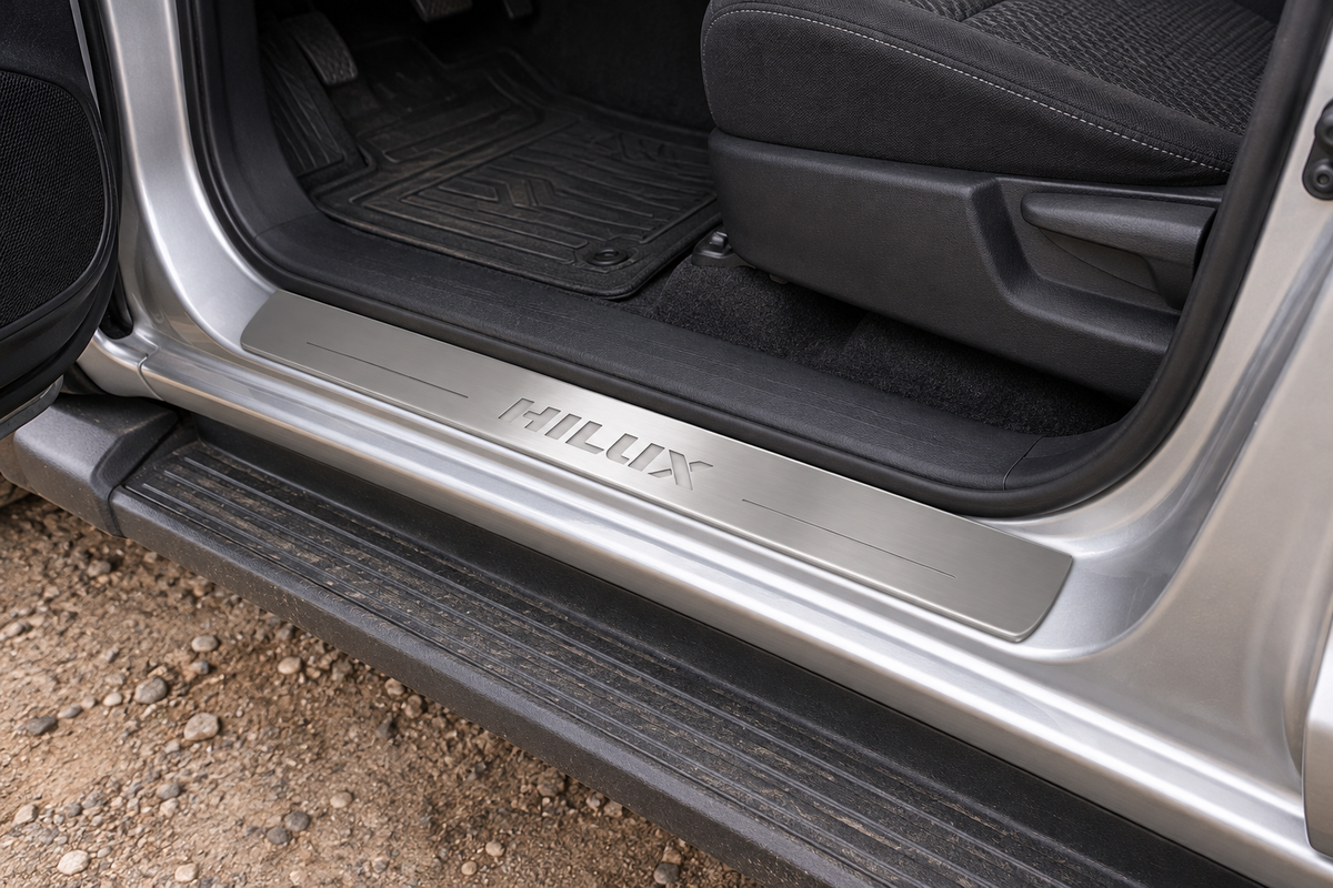 Product visualization of an unlit brushed stainless HILUX sill in a silver Toyota Hilux doorway, above a separate running board.