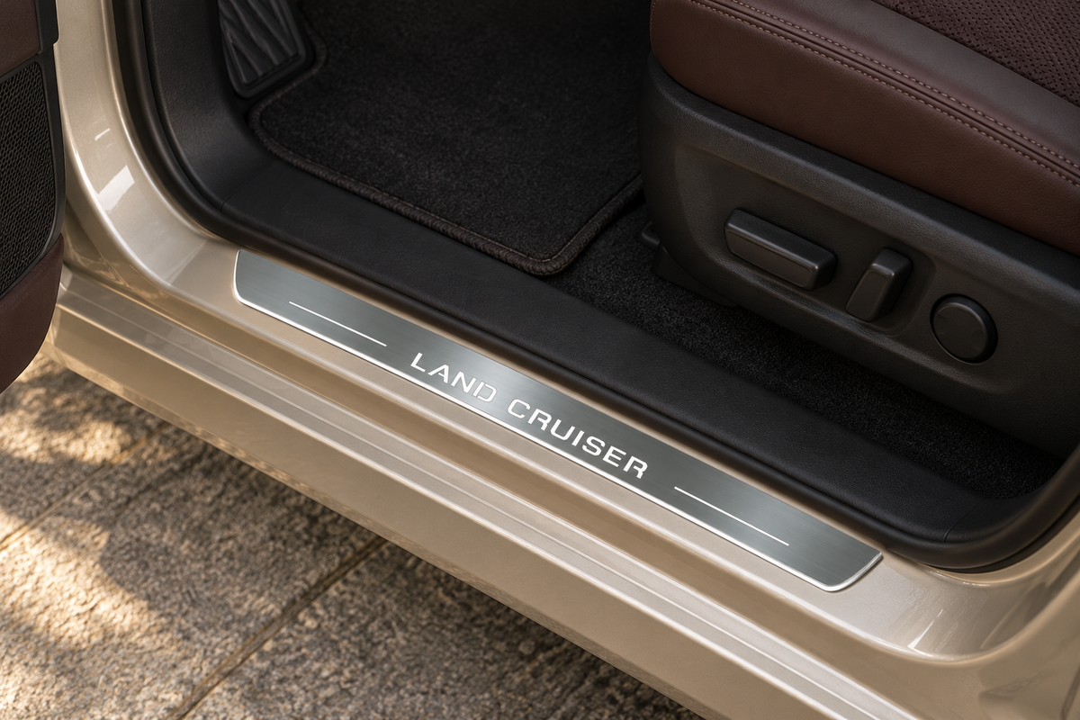 Product visualization of a grey stainless Land Cruiser-lettering sill with white bars and edge light on a champagne SUV threshold beside a brown leather seat.