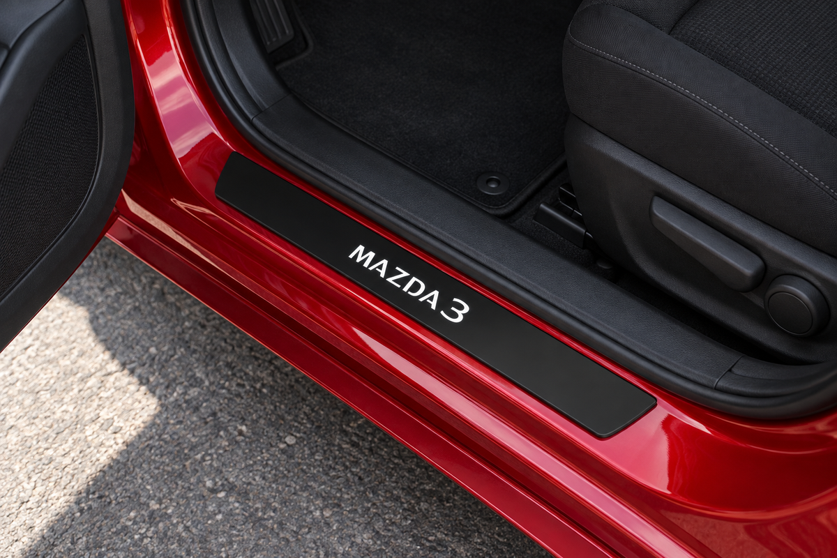 Product visualization of a Mazda3 BP Sedan Matte PRO sill on a red threshold, with white Mazda3 lettering and unlit black edges.