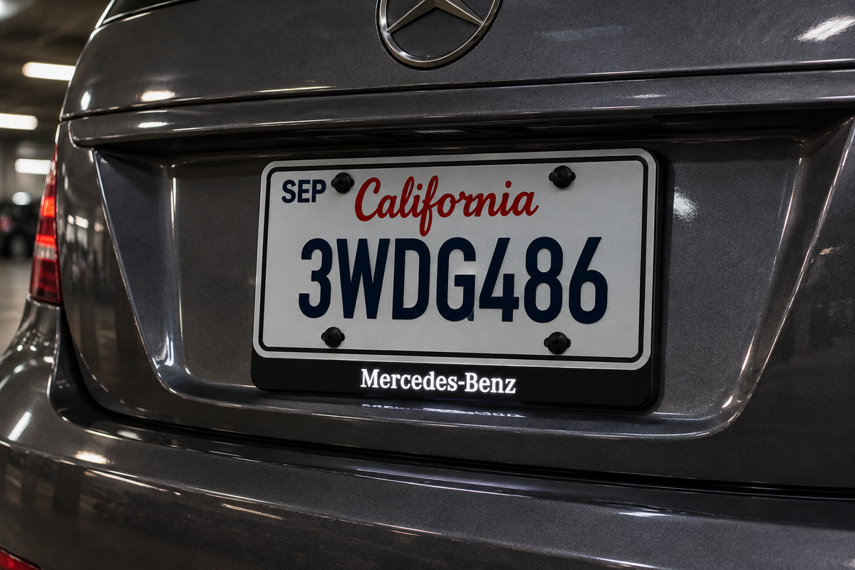 Editorial visualization of the white Mercedes-Benz wordmark LED badge below an illustrative plate on a graphite sedan; plate not included, not a customer photograph.
