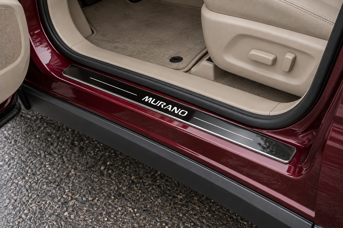 Product visualization of an unlit dark reflective MURANO sill with white lettering and thin bars in a burgundy Nissan doorway with beige trim.