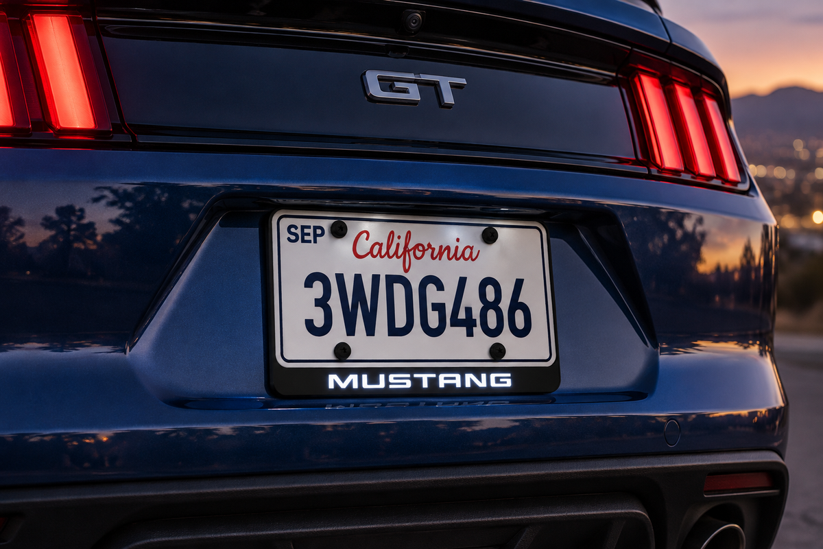 Editorial visualization of the white MUSTANG LED badge beneath an illustrative plate in a blue Mustang rear recess; plate not included, not a customer installation photo.