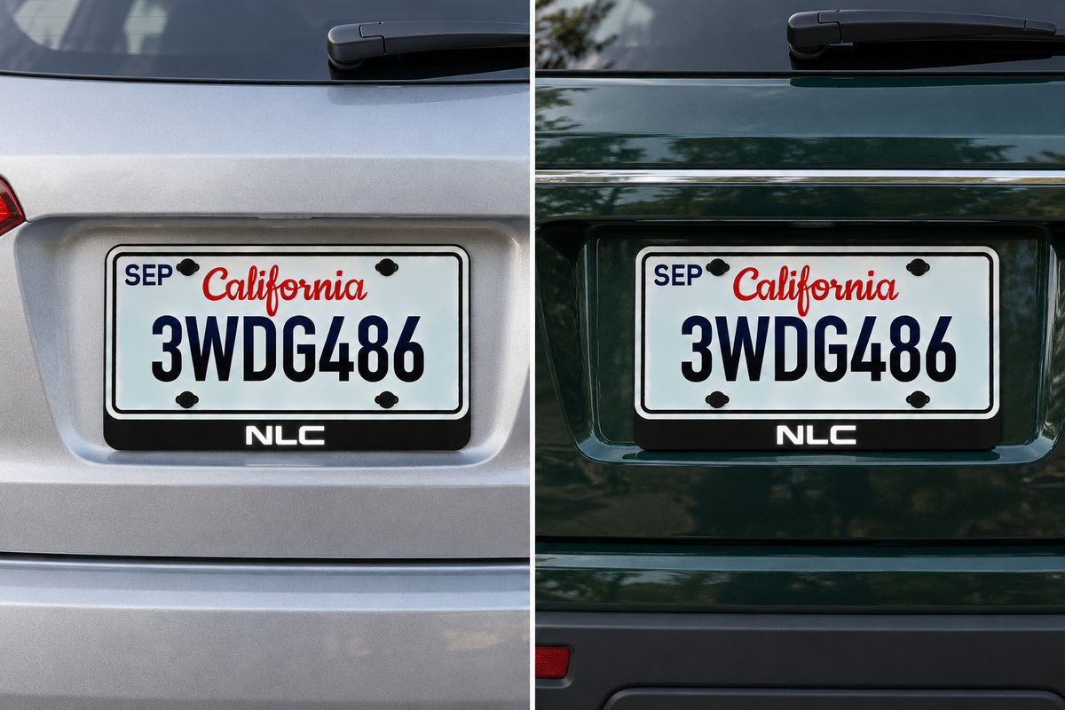 Two concept views of large white NLC custom lettering below illustrative plates on different cars; shared club artwork proposal, not customer installations.