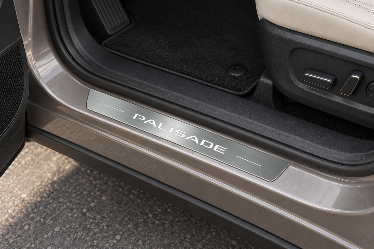Product visualization of an unlit brushed stainless PALISADE sill with white lettering and narrow bars in a warm-grey SUV doorway.