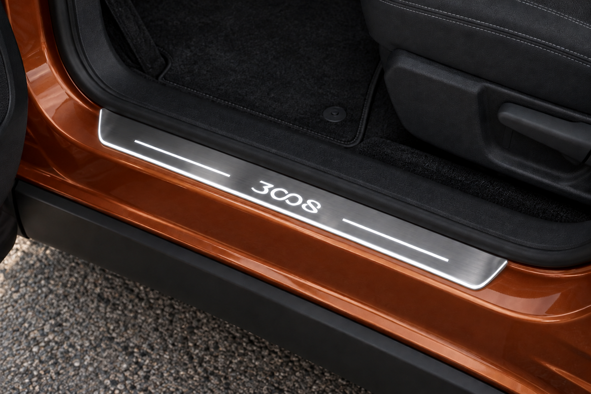 Peugeot 3008 Stainless sill visualization directly against the rubber seal on exposed copper metal, with 3008 lettering, two white bars and thin edge illumination.