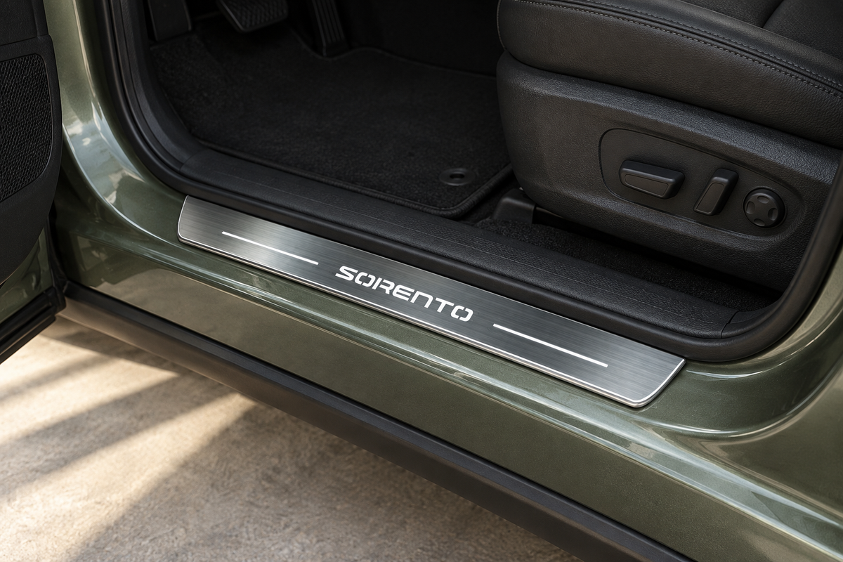 Product visualization of a brushed stainless SORENTO sill with white stencil lettering and narrow light bars in a muted-green SUV doorway.